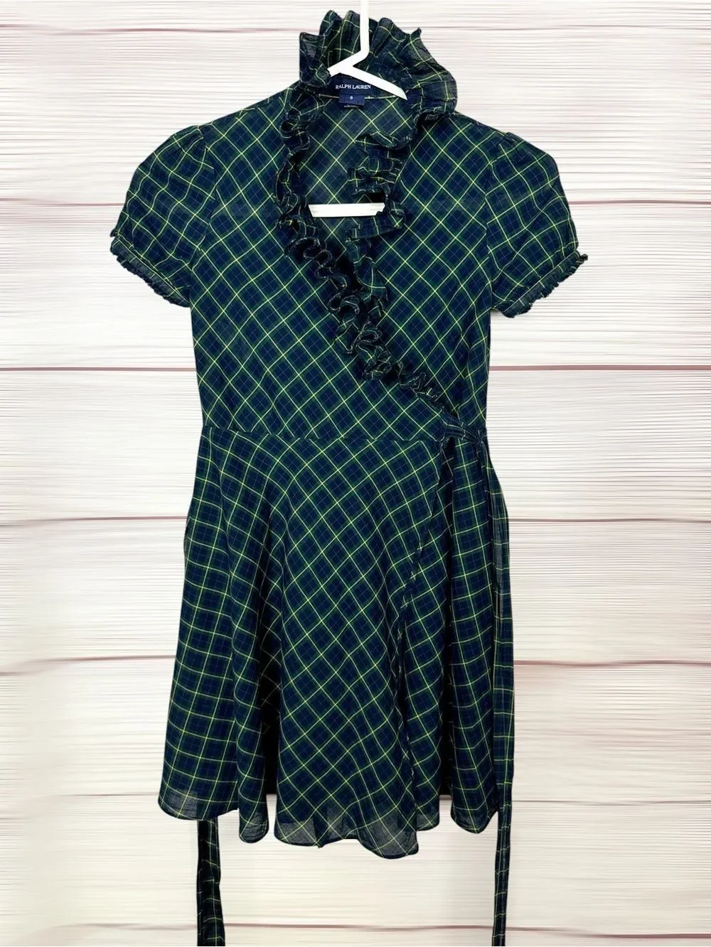 Ralph Lauren Blue Label Plaid Ruffled Cotton Wrap Dress Green Blue Girls size 8